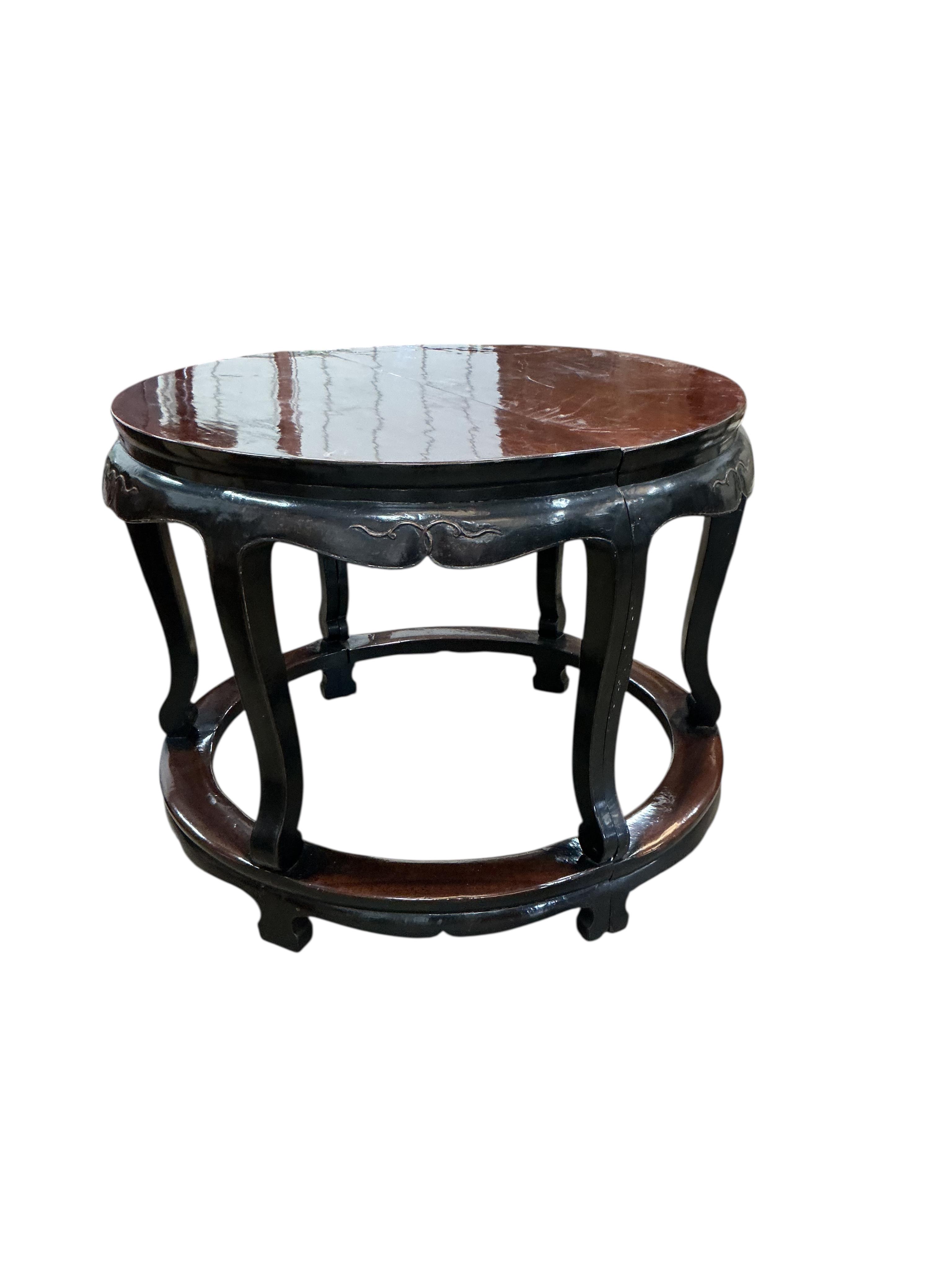A pair of Chinese demi lune side tables, width 109cm, depth 56cm, height 84cm